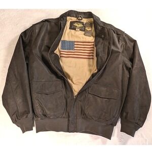 Air Force Landing Leathers Men Bomber Jacket Brown/Black Full Zip USA Flag Lined